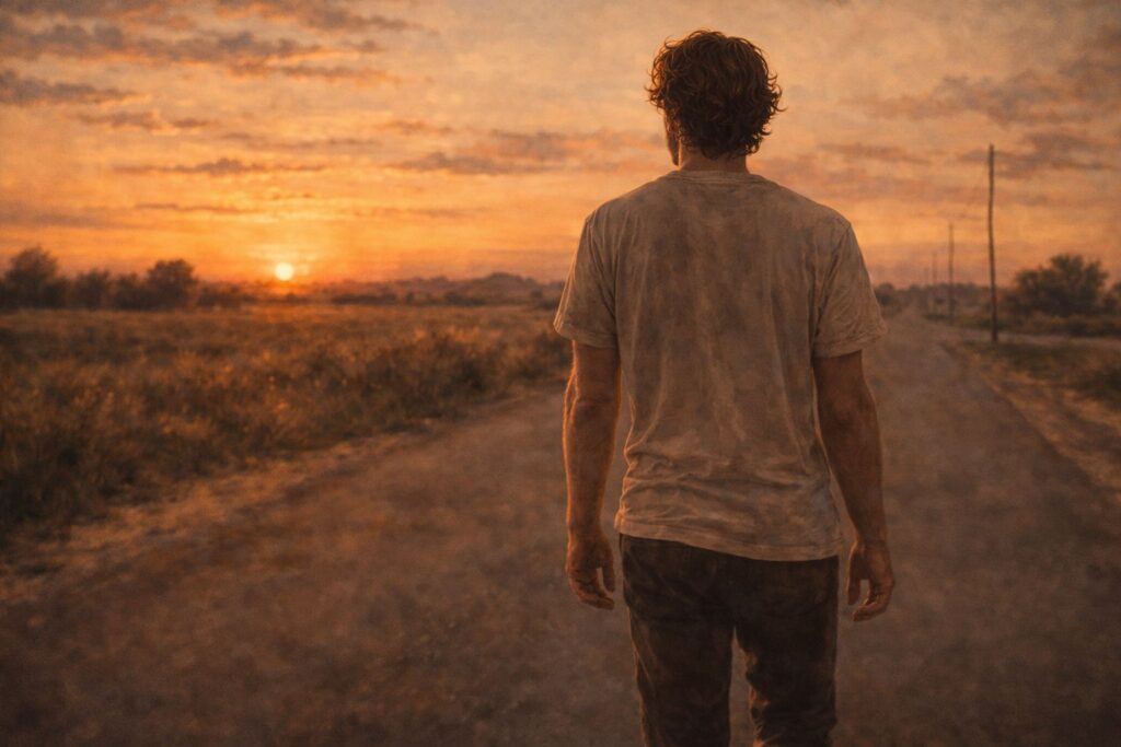 Figura solitária num espaço aberto ao entardecer — o vazio como horizonte em aberto, não como ausência de chegada.