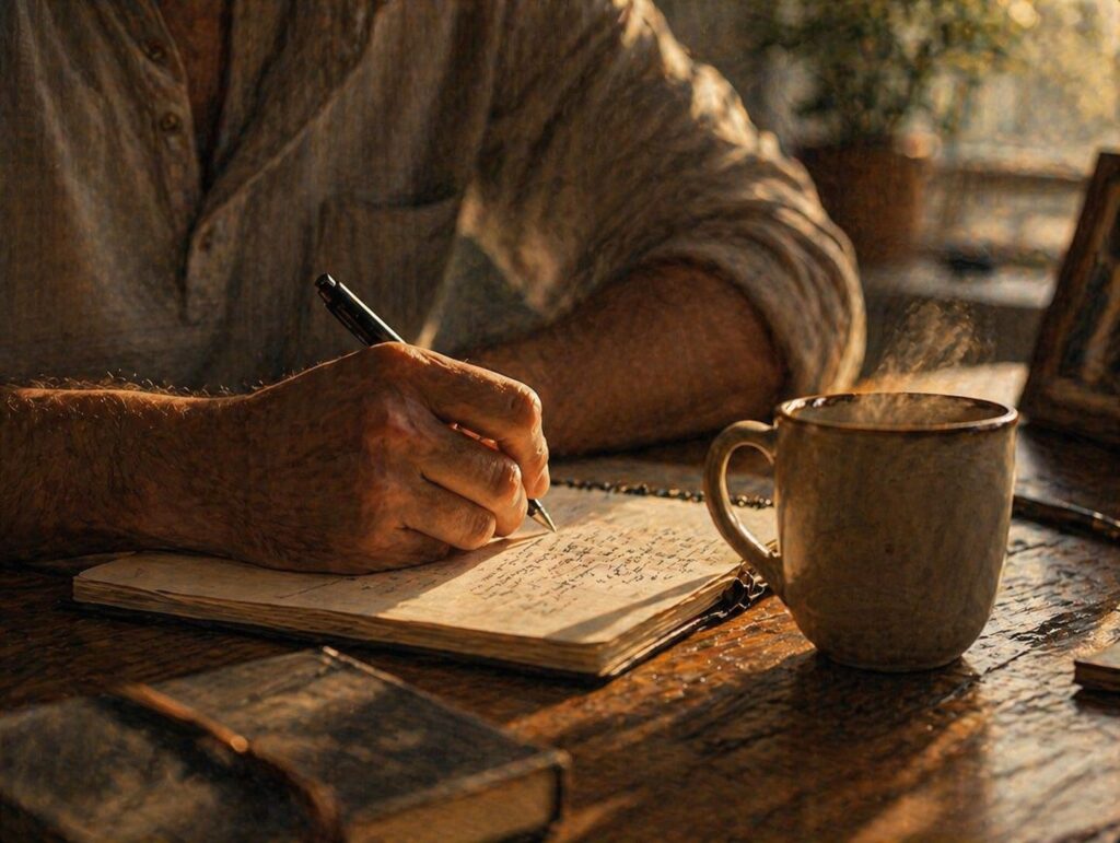 Mãos escrevendo em caderno sobre mesa de madeira em exercício de auto-observação