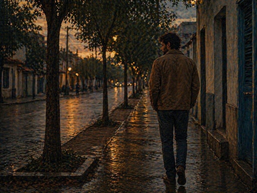 Pessoa caminhando sozinha ao entardecer em rua tranquila após um momento de reflexão