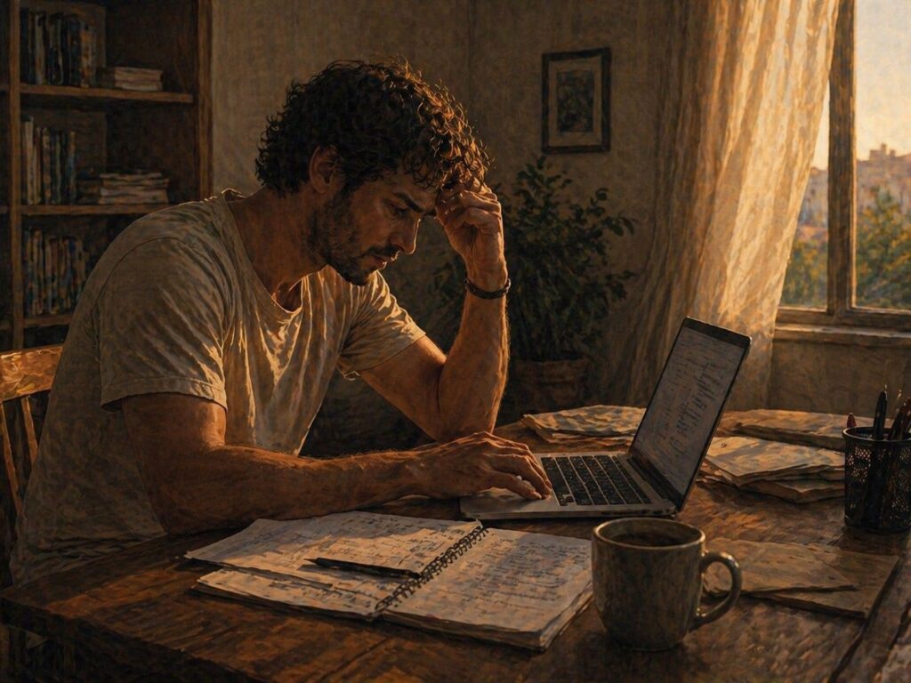 Pessoa revisando trabalho repetidamente em mesa de casa com expressão tensa_sensação de não ser bom o suficiente