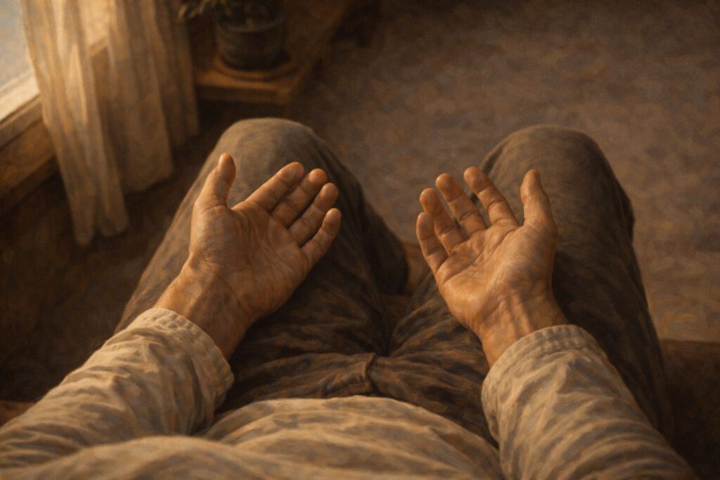 Mãos abertas sobre o colo — gesto de quem para, respira e presta atenção em si mesmo.