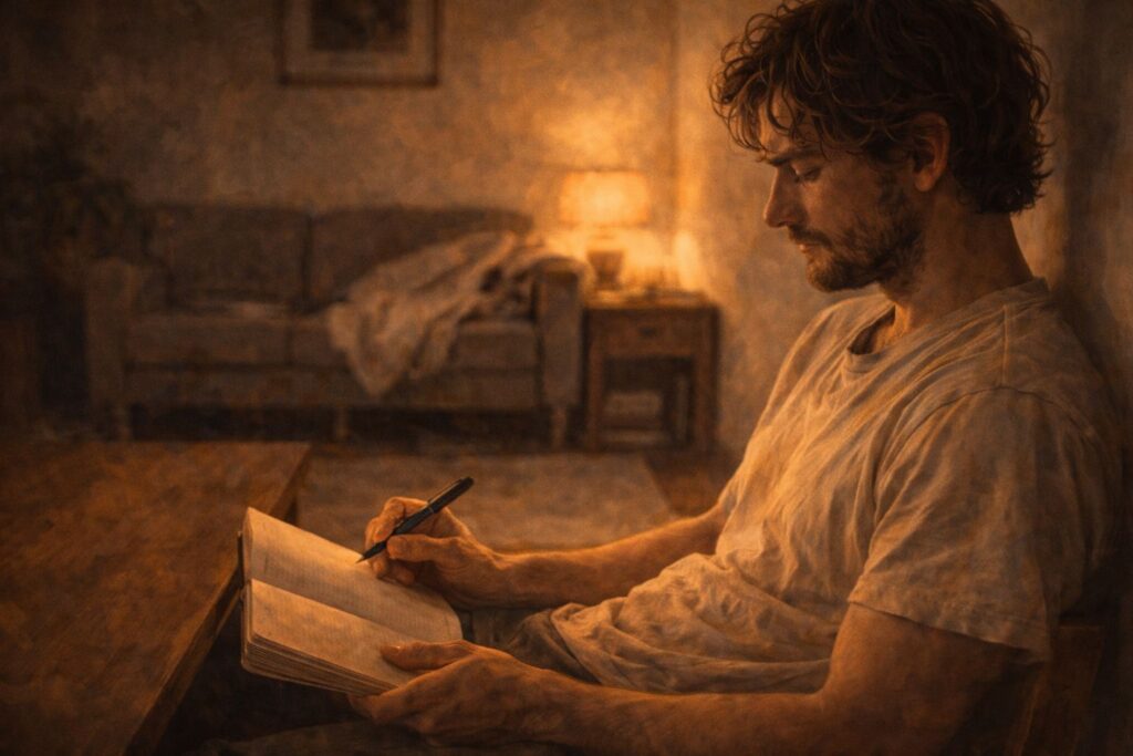 Pessoa ao fim do dia com caderno aberto — pausa consciente e olhar reflexivo sobre o cotidiano.