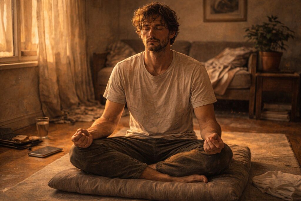 Pessoa meditando num espaço imperfeito, com expressão de esforço — a lacuna entre o ideal espiritual e a vida real.