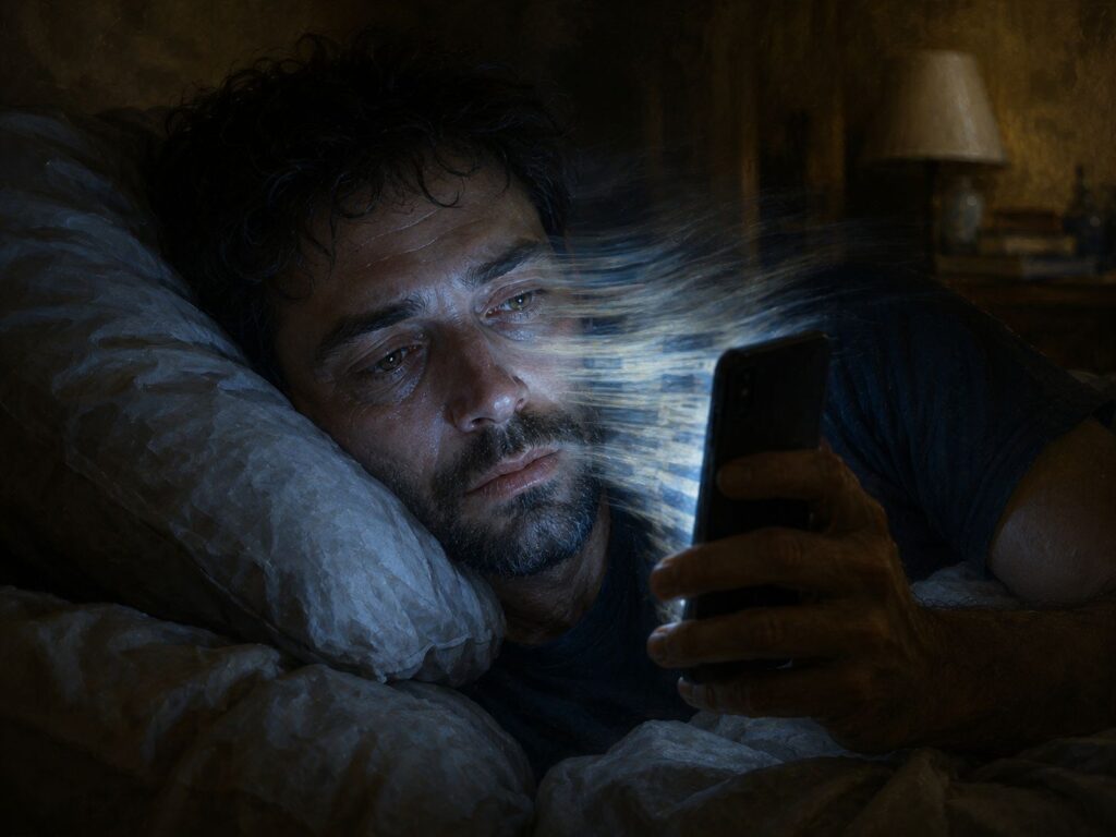 Pessoa segurando celular na cama à noite em gesto que dificulta desacelerar antes do sono