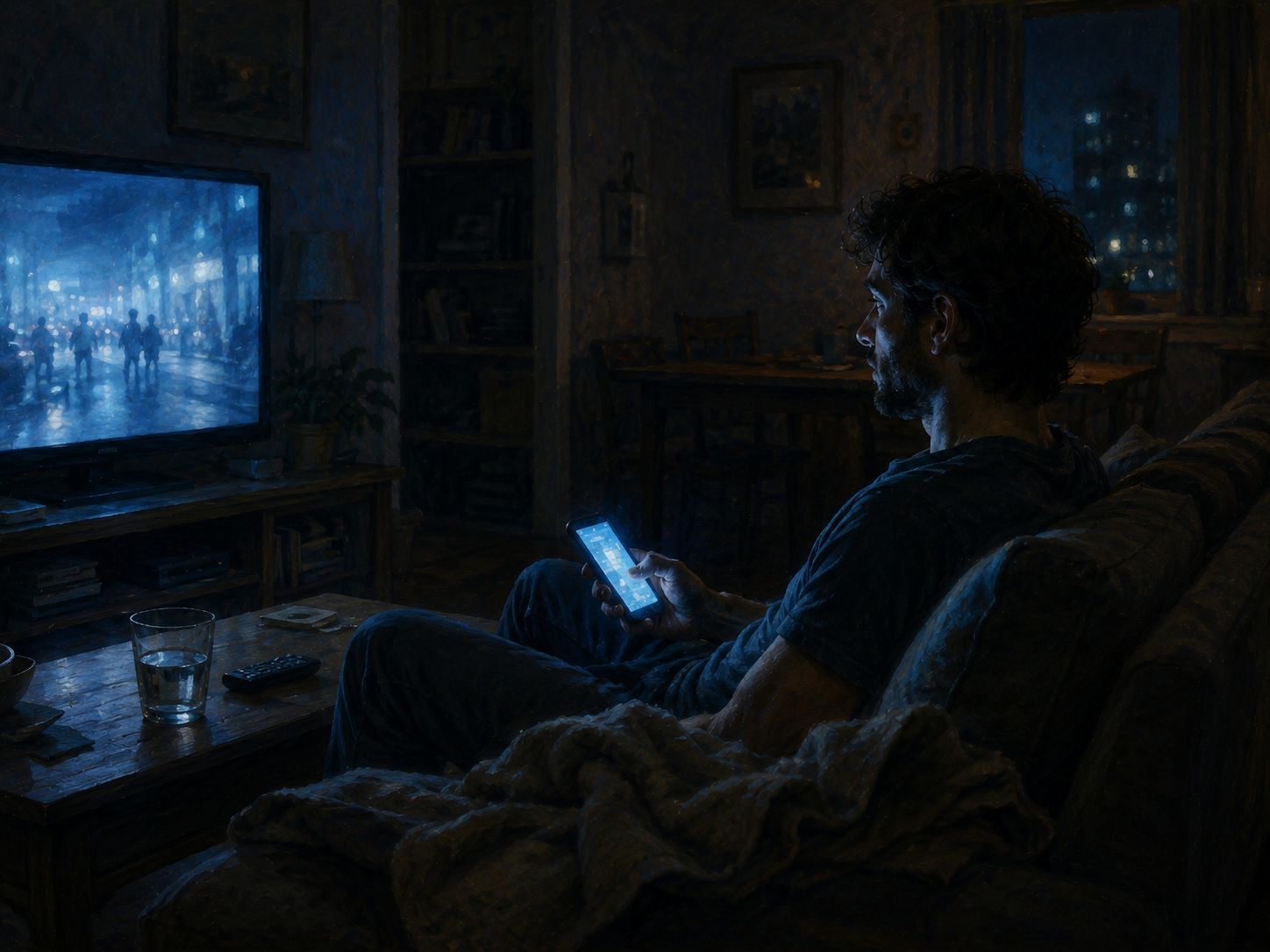 Pessoa sentada no sofá à noite tentando acalmar a mente antes de dormir, vendo tv e celular ao mesmo tempo