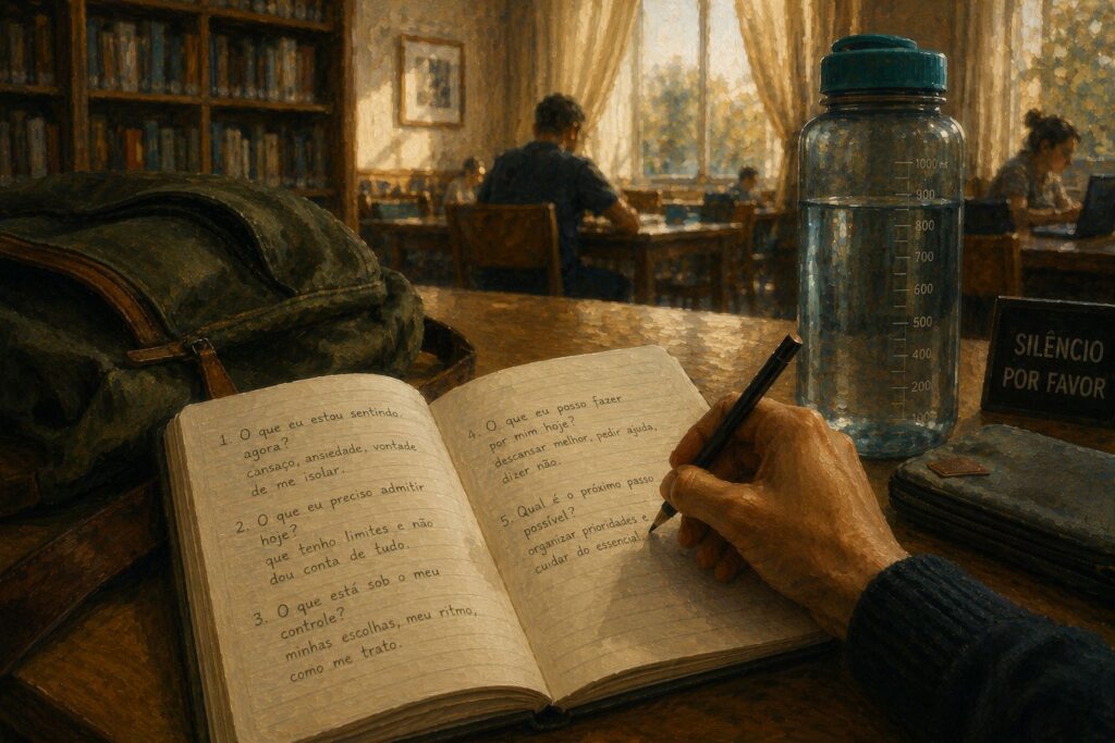 Aceitar_Mão escrevendo em caderno numa biblioteca pública durante exercício de autoaceitação