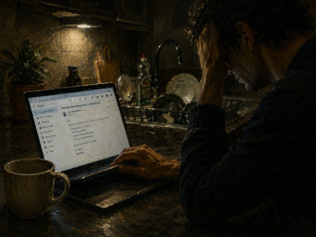 Ansiedade_Pessoa fechando notebook de trabalho tarde da noite com ansiedade antes de dormir