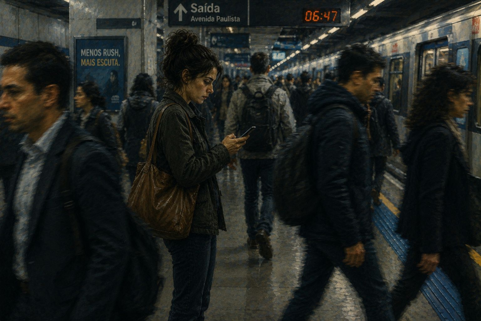 Autocobrança_Pessoa parada em estação de metrô sentindo pressão e autocobrança excessiva