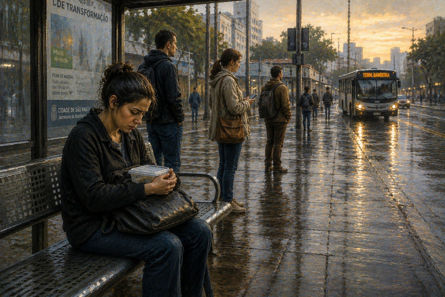 Cansaço_Pessoa cansada em ponto de ônibus ao amanhecer vivendo cansaço emocional