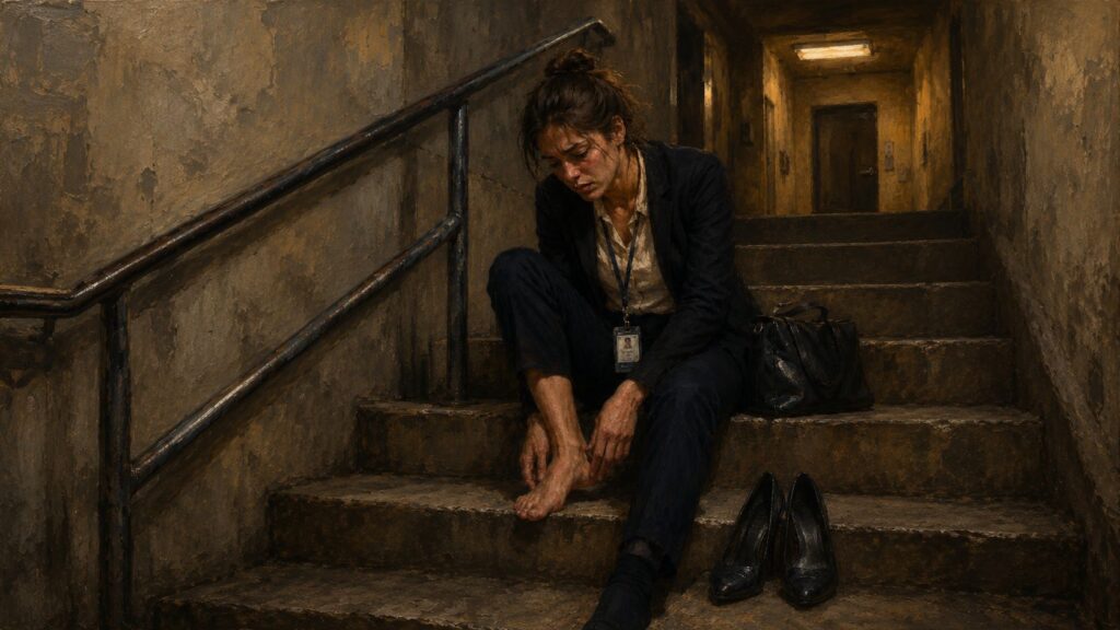 Cansaço_Pessoa sentada na escada do trabalho tirando os sapatos por cansaço emocional