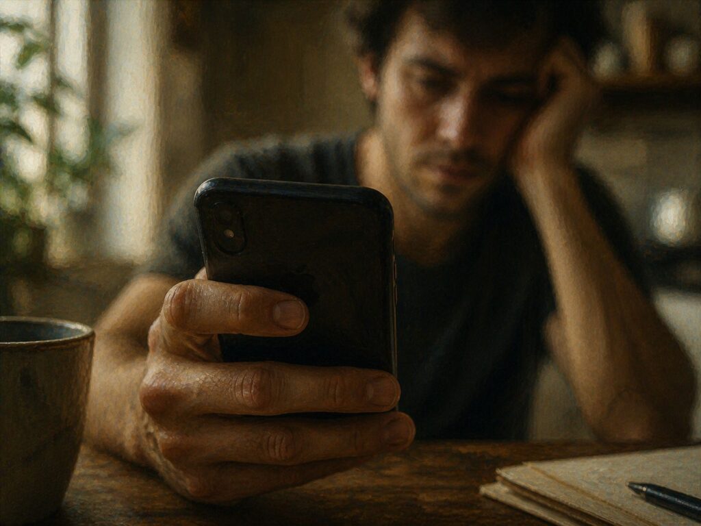 Comparação_close de mão segurando celular em gesto automático de rolar a tela