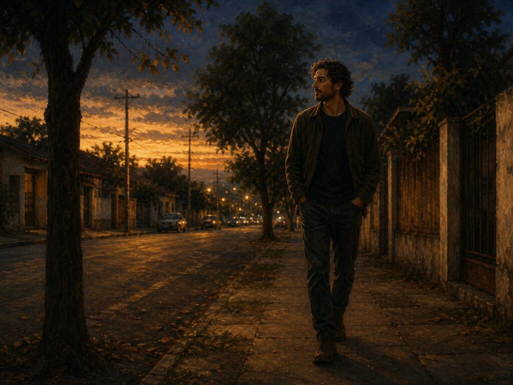Comparação_pessoa caminhando ao entardecer em rua tranquila depois de se afastar da comparação digital