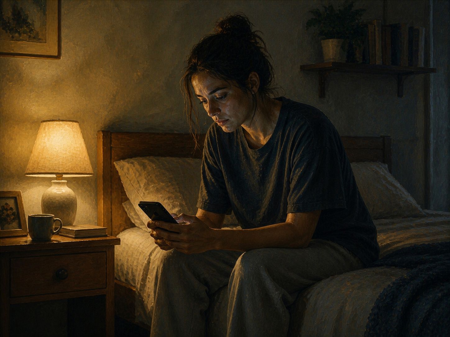 Comparação_pessoa sentada na cama olhando o celular e sentindo o peso da comparação nas redes sociais