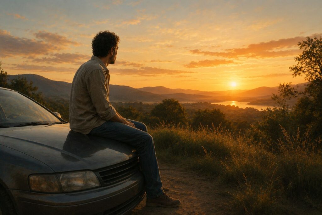 Decepcionar_pessoa sentada no capô do carro observando o pôr do sol com sensação de leveza e liberdade emocional após deixar de viver para agradar os outros