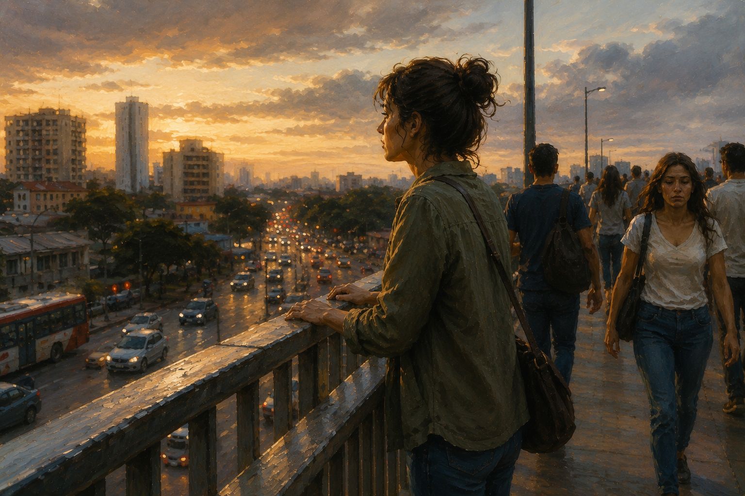 Emoções_Pessoa parada em passarela lidando com emoções intensas em meio ao movimento da cidade