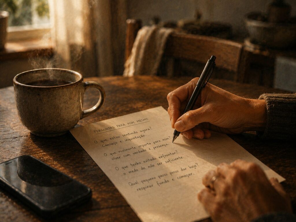 Mão escrevendo em papel durante exercício simples de reconexão consigo