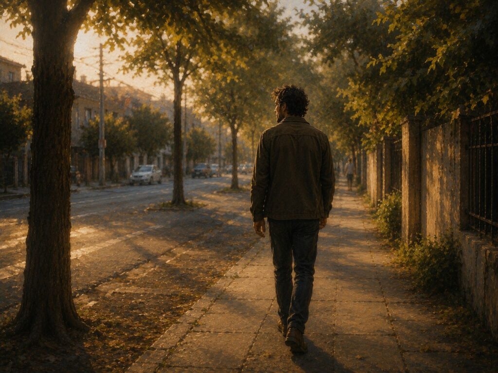 Pessoa caminhando ao entardecer em movimento de reconexão e busca de sentido