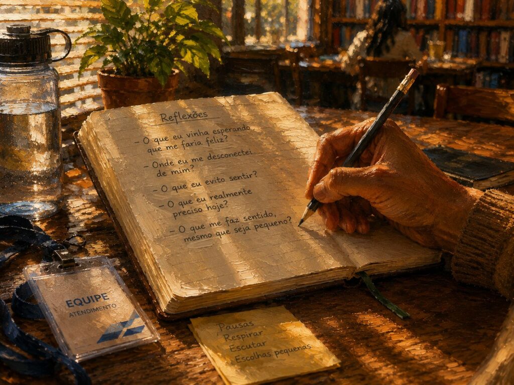 Felicidade_Mão escrevendo em caderno para entender por que não consegue ser feliz sem se culpar