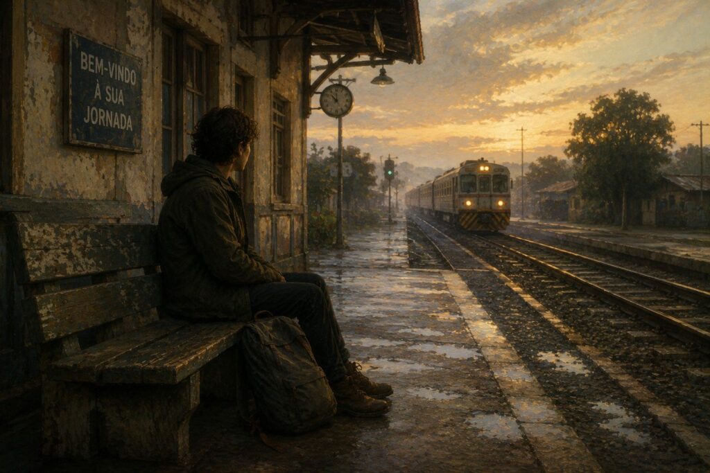 Felicidade_Pessoa em estação de trem ao amanhecer simbolizando reconexão gradual com a vida