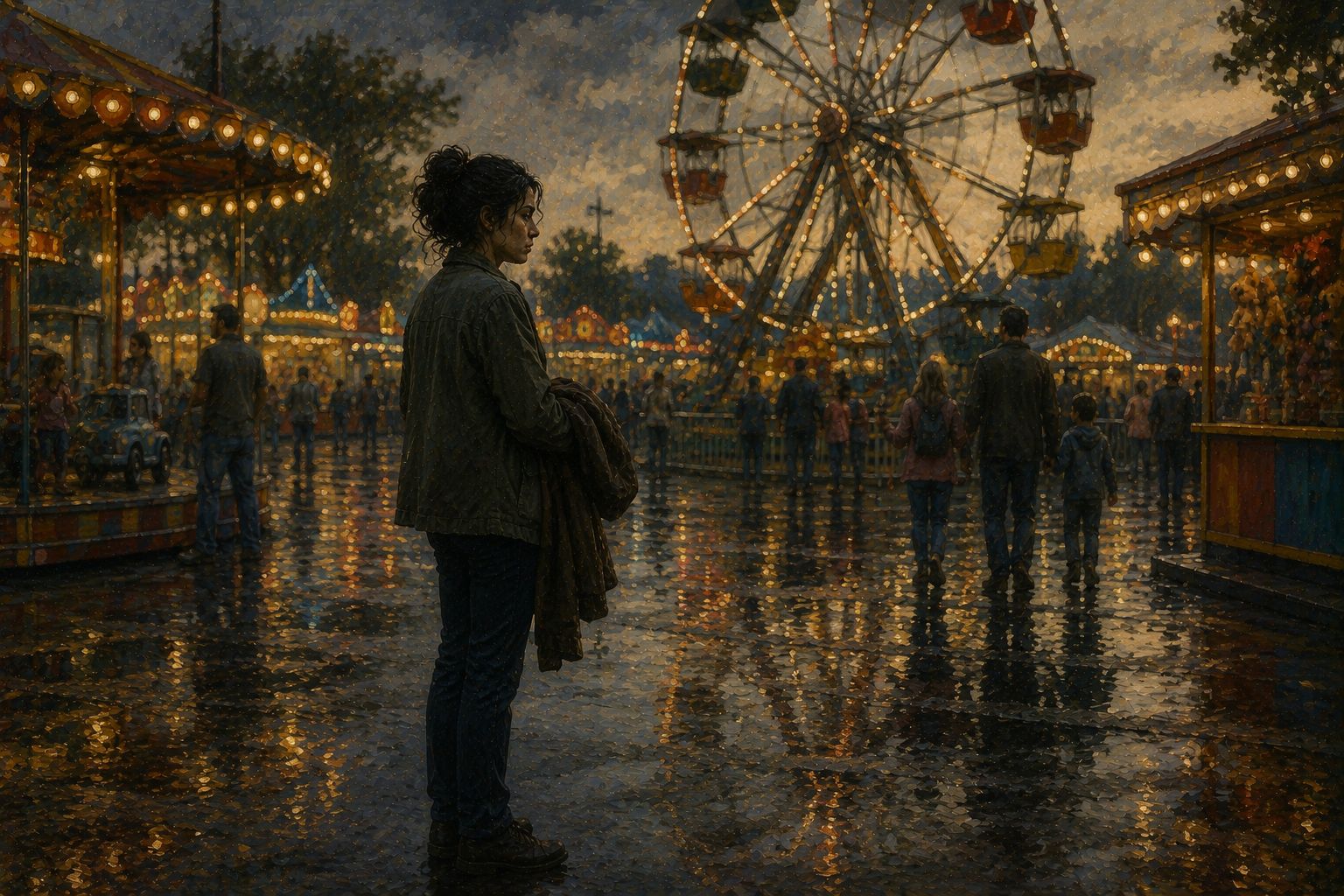 Felicidade_Pessoa em parque de diversões sentindo desconexão apesar de um ambiente aparentemente feliz