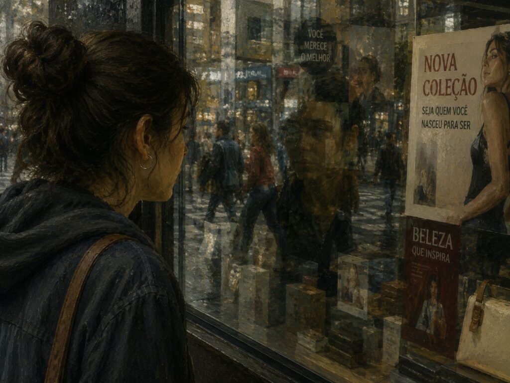 Felicidade_Pessoa olhando reflexo em vitrine enquanto se compara e perde contato consigo