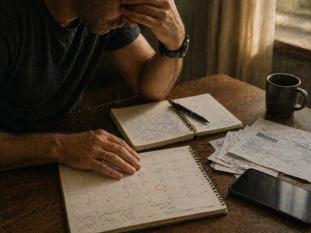 Mãos sobre calendário e contas em momento de antecipação e preocupação com o futuro