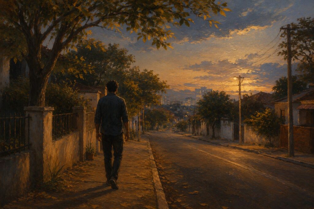 Pessoa caminhando ao entardecer em processo de reconciliação consigo mesma