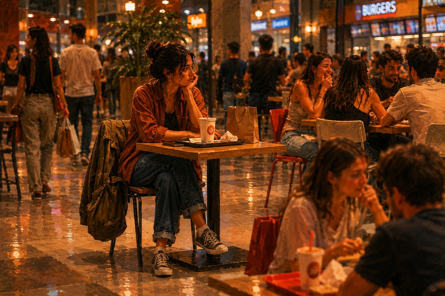 Solidão_Pessoa sentada sozinha em praça de alimentação sentindo solidão na vida adulta
