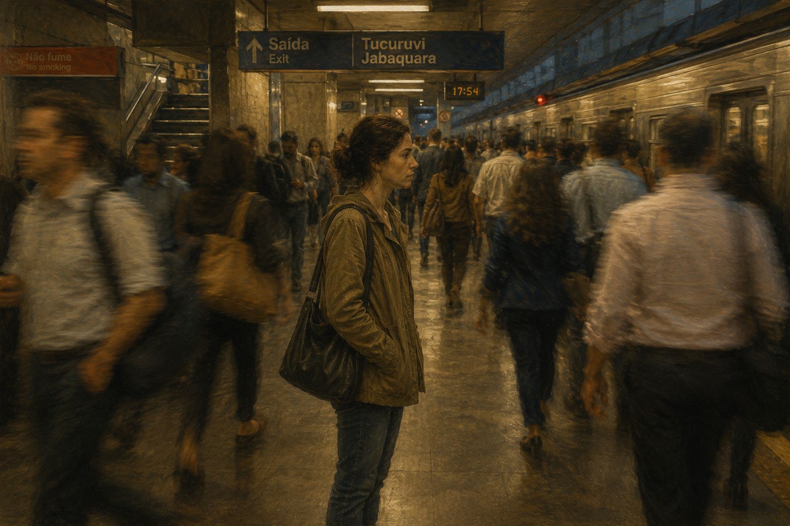 Suficiente_Pessoa parada em estação movimentada sentindo inadequação e desconexão
