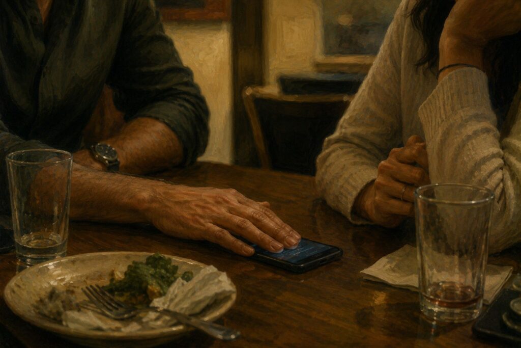 Relações Tóxica_Mãos em mesa de restaurante mostrando controle de celular em relação tóxica