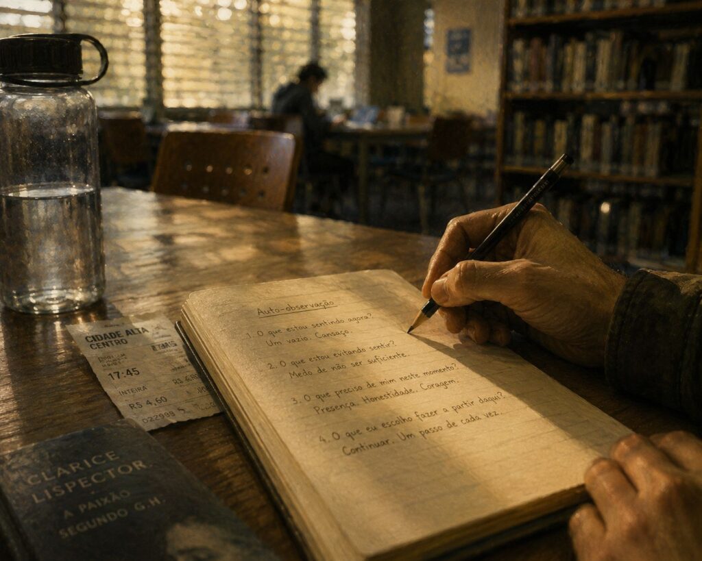 Vazio_Mão escrevendo em caderno na biblioteca para escutar o vazio interior sem fugir