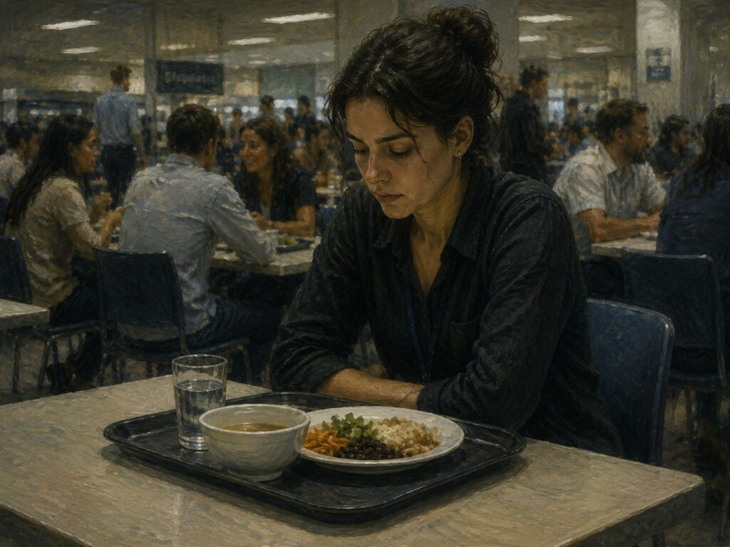 Vazio_Pessoa em refeitório de empresa sentindo vazio interior em meio à rotina normal