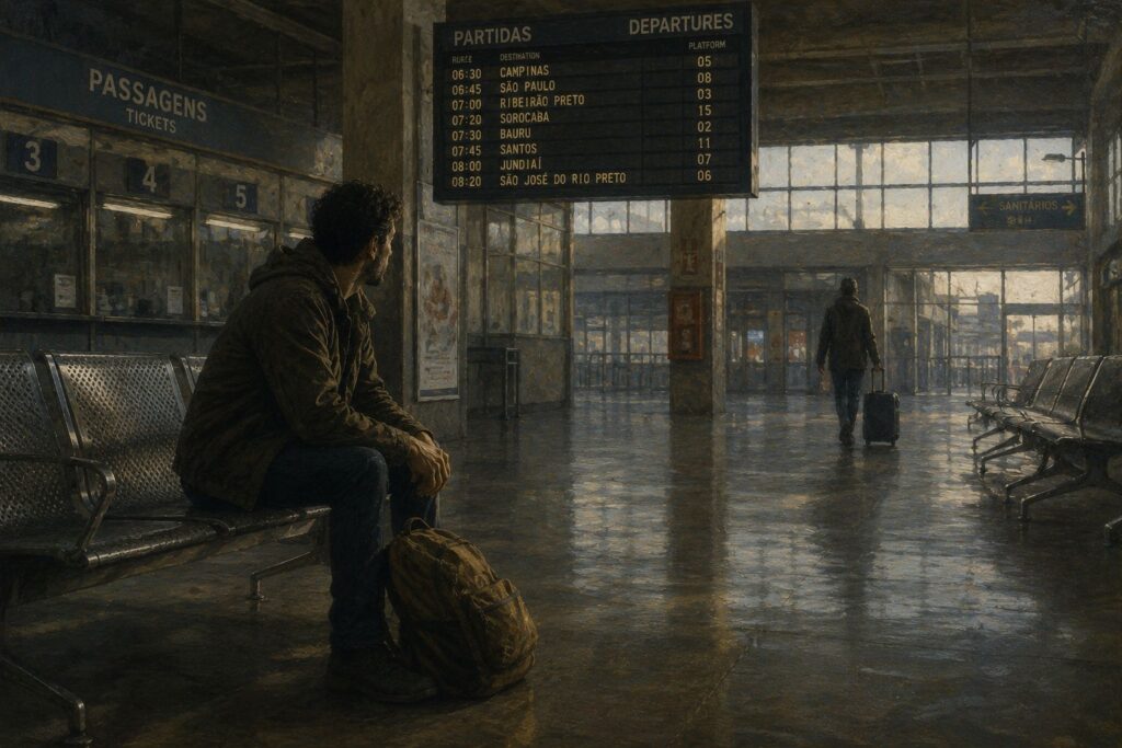 Vazio_Pessoa sentada em terminal rodoviário sentindo vazio interior enquanto a vida continua