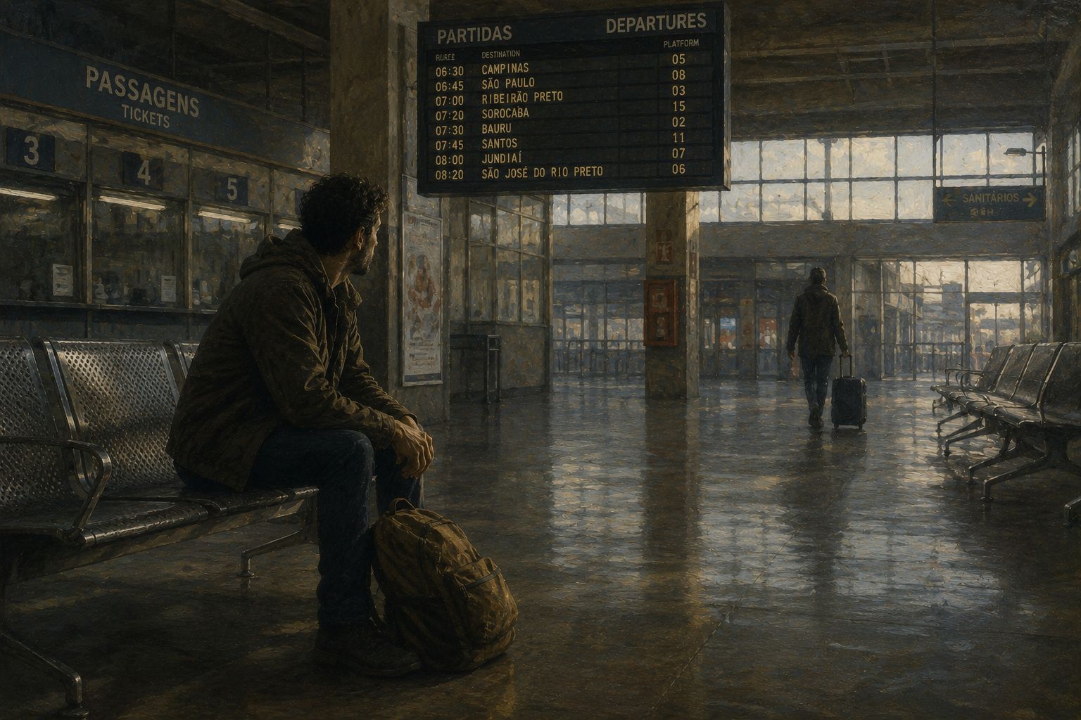 Vazio_Pessoa sentada em terminal rodoviário sentindo vazio interior enquanto a vida continua