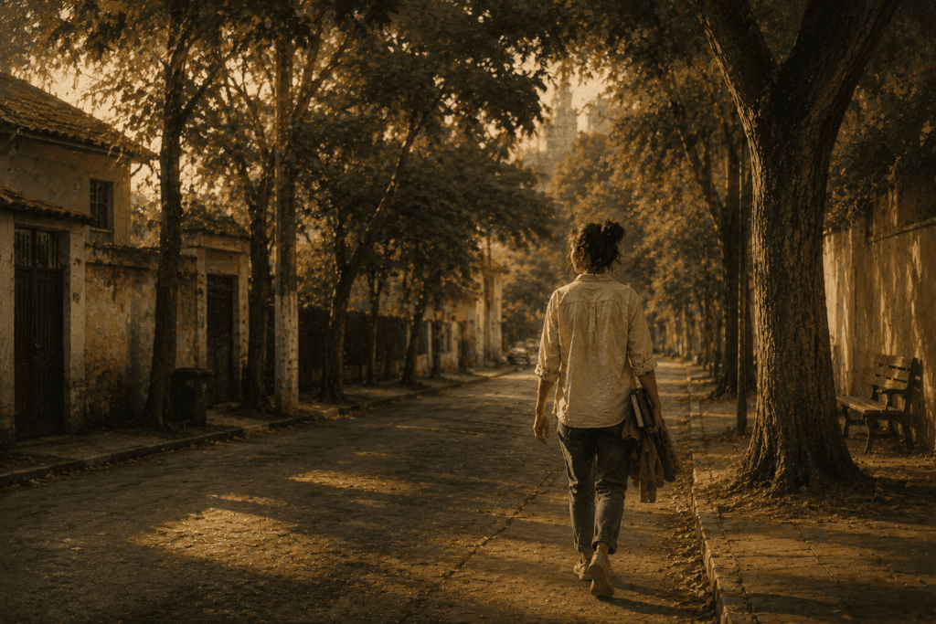 Consertar_Pessoa caminhando sozinha por uma rua arborizada ao fim da tarde, com caderno junto ao corpo.
