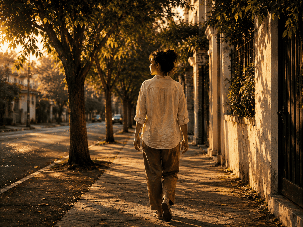 Espiritualidade_Pessoa caminhando devagar em uma rua tranquila, reconstruindo sentido espiritual na vida comum