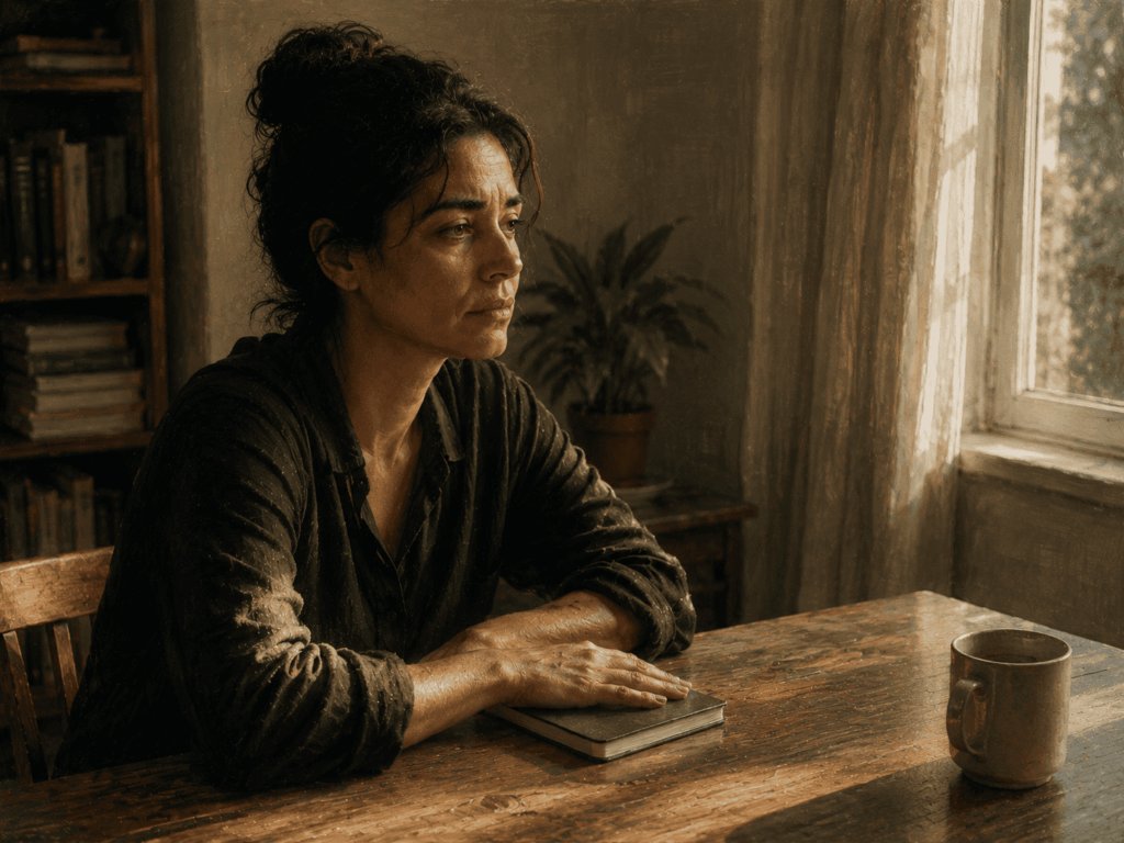 Espiritualidade_Pessoa diante de um caderno fechado, revisando em silêncio uma espiritualidade que deixou de fazer sentido