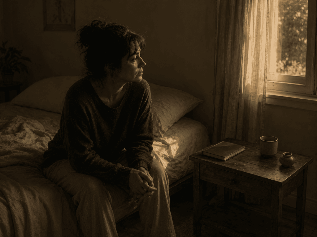 Espiritualidade_Pessoa sentada em silêncio no quarto com um caderno fechado, sentindo dúvida e afastamento espiritual