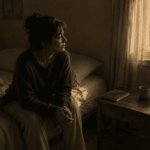 Espiritualidade_Pessoa sentada em silêncio no quarto com um caderno fechado, sentindo dúvida e afastamento espiritual