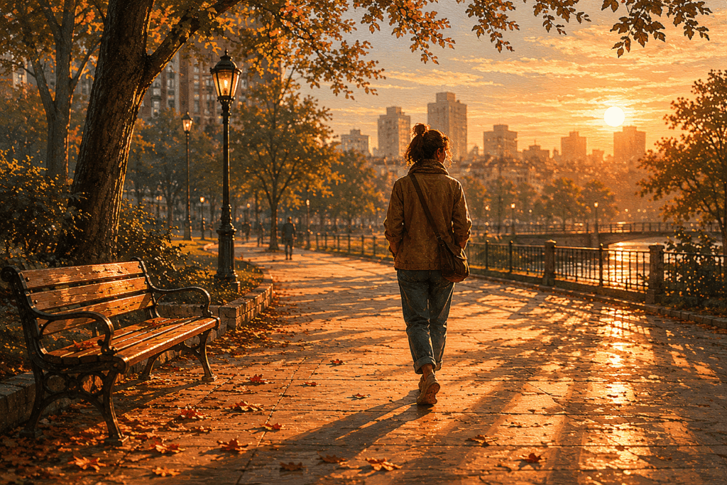 Medo_Pessoa caminhando sozinha em parque arborizado ao amanhecer, passos lentos e atmosfera serena
