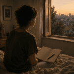 Medo_Pessoa sentada na cama ao entardecer, olhando pela janela com caderno aberto, expressão reflexiva