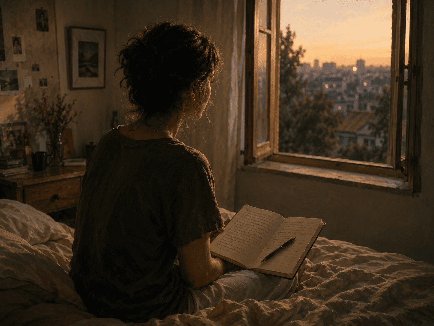 Medo_Pessoa sentada na cama ao entardecer, olhando pela janela com caderno aberto, expressão reflexiva